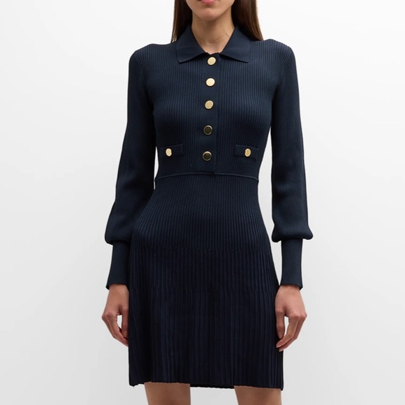 Veronica Beard Lauper Dress Ribbed Button Front A-line Mini Dress Navy Small - Picture 2 of 9
